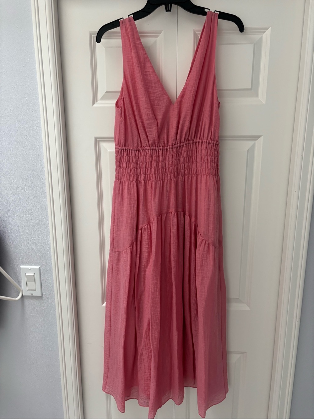 Vince Pink V-Neck Smocked Waist Midi Dress